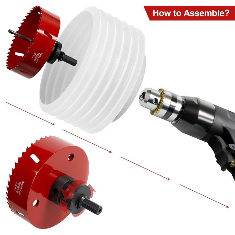 FIVELAKE 4-1/4" (108mm) Bi-Metal M42 High Speed Steel Hole Saw with Dust Bowl and Pilot Drill Bit, Smooth Cutting Edge for PVC, Drywall, Wood, Plastic, Gypsum Board, Rubber, Thin Metal - Image 5